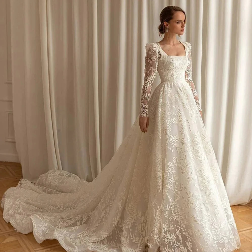 Luxury Lace Square Neck Detachable Sleeves Wedding Dress