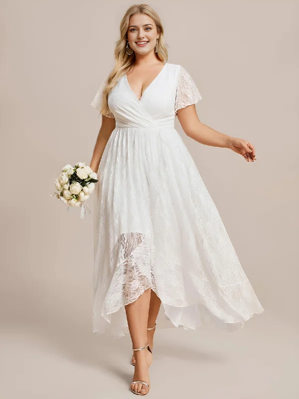 DingJiDress Wedding Dress Princess Lace Short sleeve V Neck  Irregular Plus Size Formal Women's Dresses