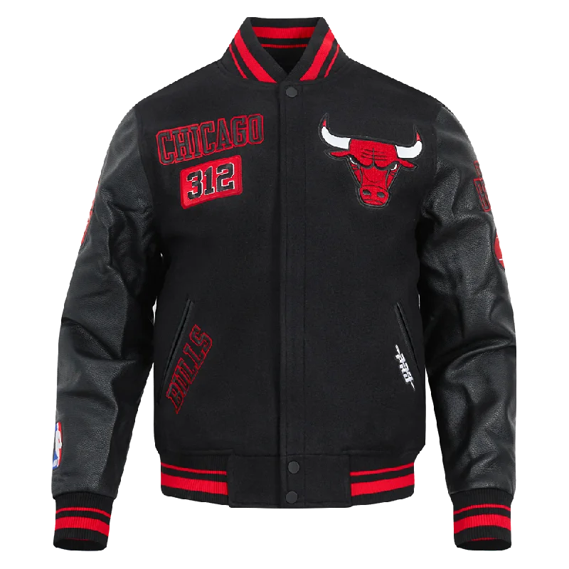 NBA CHICAGO BULLS AREA CODE MEN'S RIB WOOL VARSITY JACKET (BLACK/RED/BLACK)