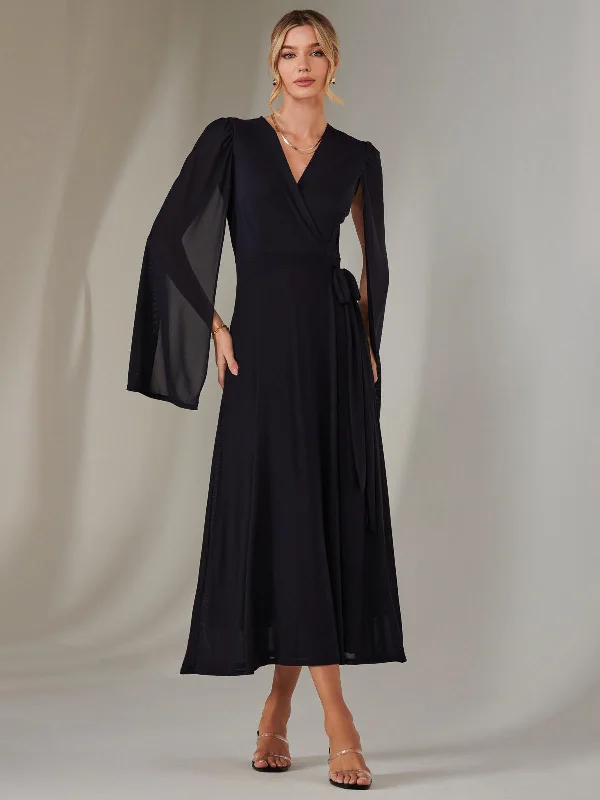 Amira Cape Sleeve Wrapped Maxi Dress, Navy