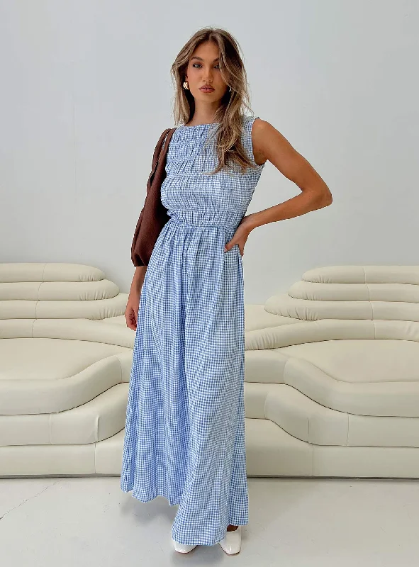 Fables Shirred Maxi Dress Blue Gingham