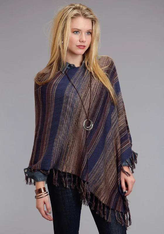 Stetson Womens Asymmetrical Scoop Neck Blue Cotton Blend Poncho