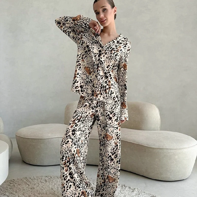 SIXSR 2025 spring new products fashion leopard print cardigan pajamas women's long sleeves trousers loungewear New