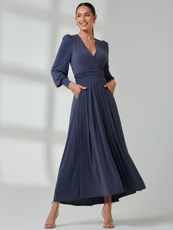 Long Sleeve Super Soft Jersey Maxi Dress, Steel Blue