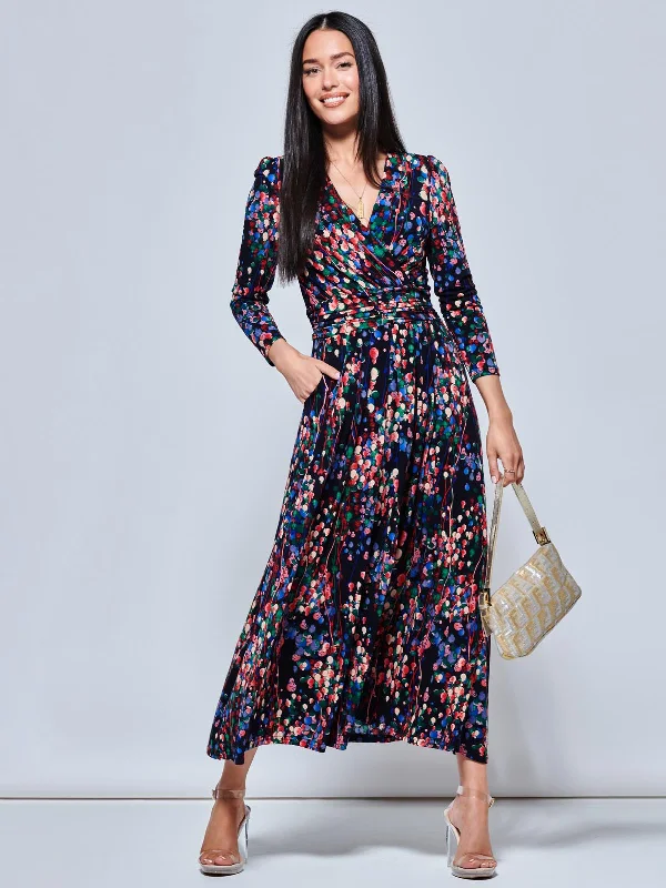 Abstract Print Long Sleeve Maxi Dress, Navy Abstract