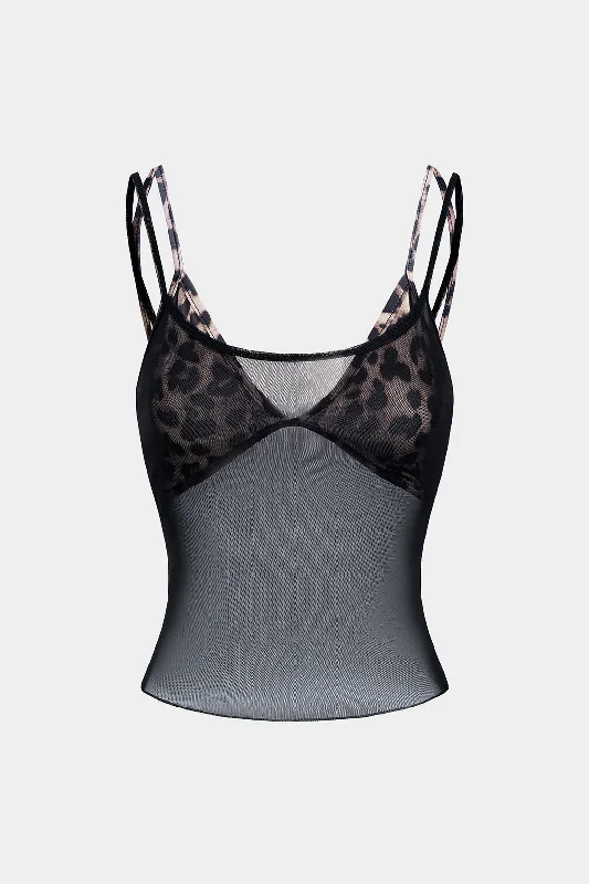 Leopard Print Mesh Slip Cami Top