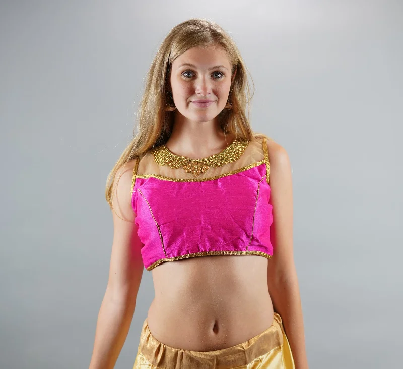 Formal Silk Hot Pink With Embroidered Gold  Neckline Crop Top