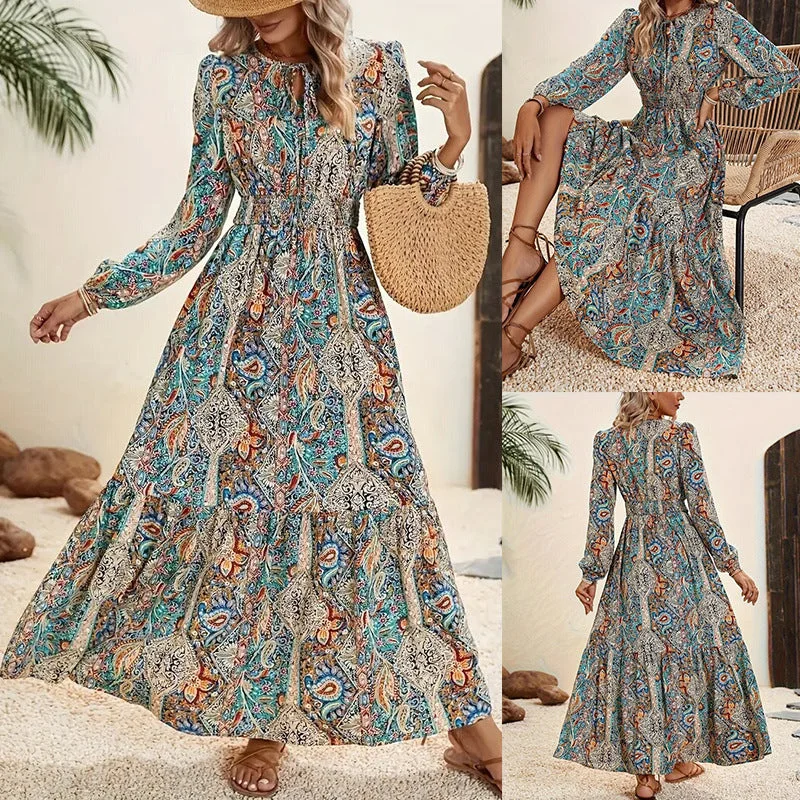 Popular trade 2025 women's clothing 2025   autumn versatile printed long-sleeved ruffle dress