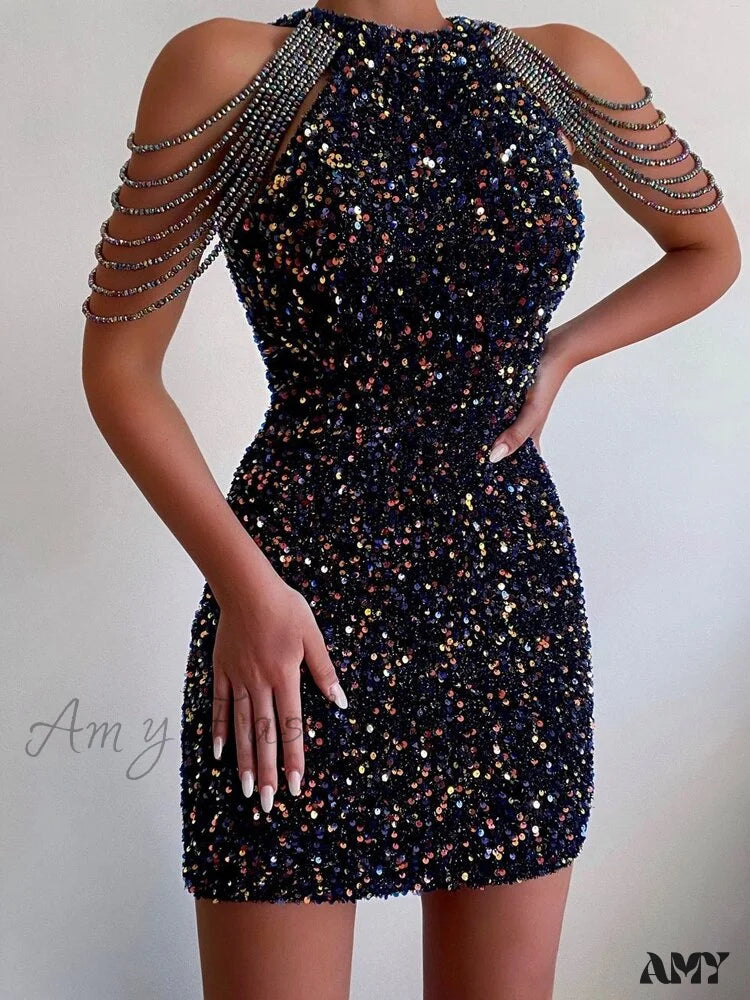 Amy Fashion - Sleeveless Off Shoulder Skinny High Waist Halter Chain Sequin Dress