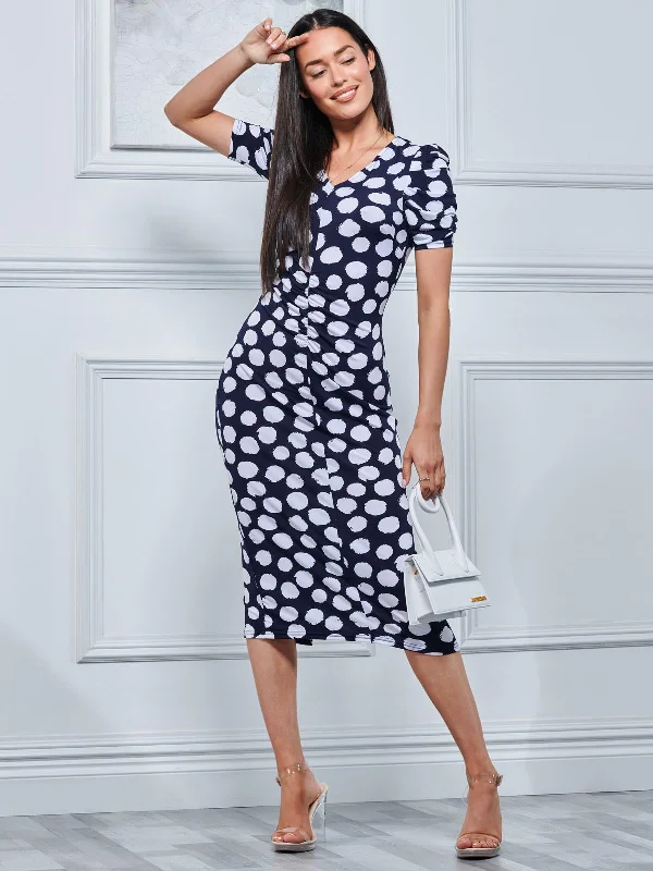 V Neck Bodycon Midi Dress, Navy Spot