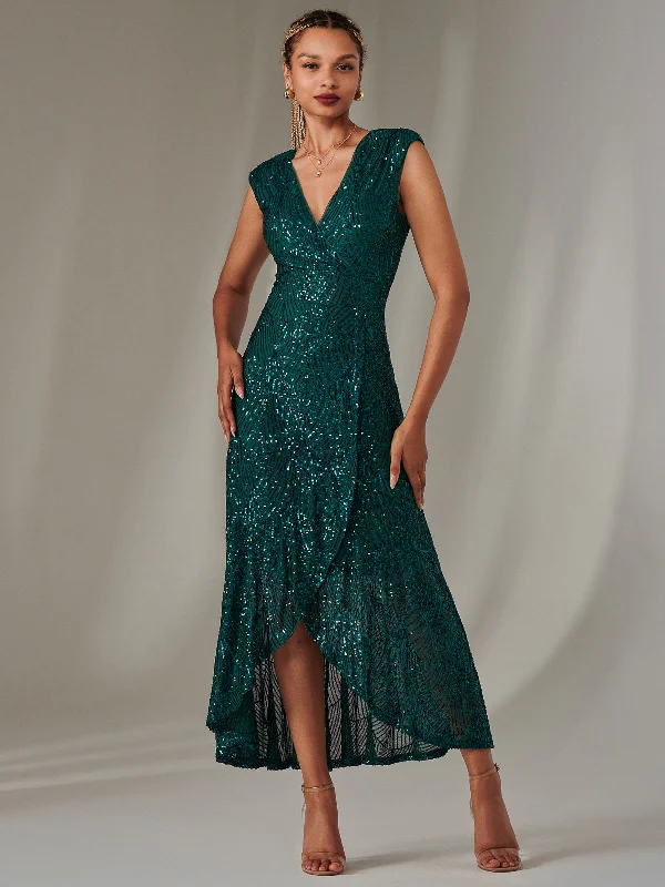 Sequin Ruffle Hem Maxi Dress, Green