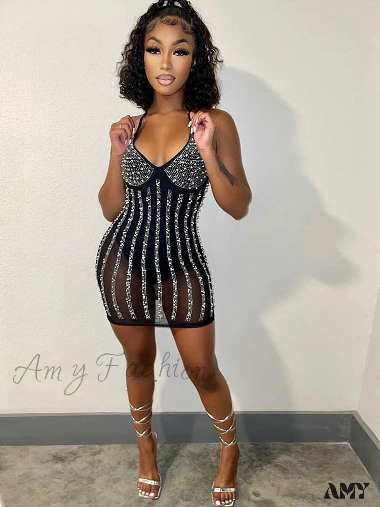 Amy Fashion - See-Through Pearls Crystal Sequins Bodycon Short Party Dress