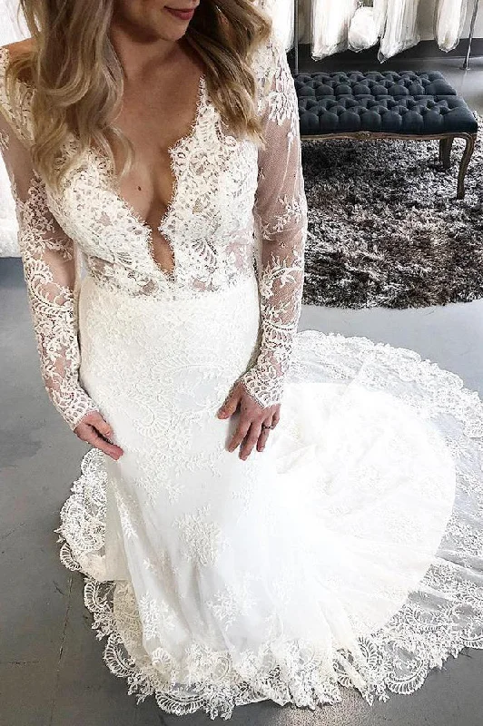 Long Sleeves Mermaid V-Neck Ivory Wedding Dress with Lace