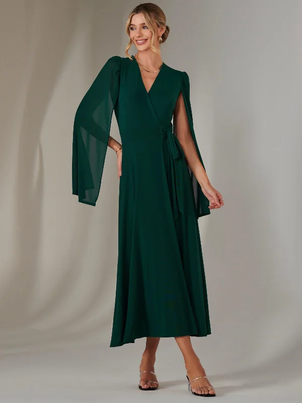 Amira Cape Sleeve Wrapped Maxi Dress, Dark Green