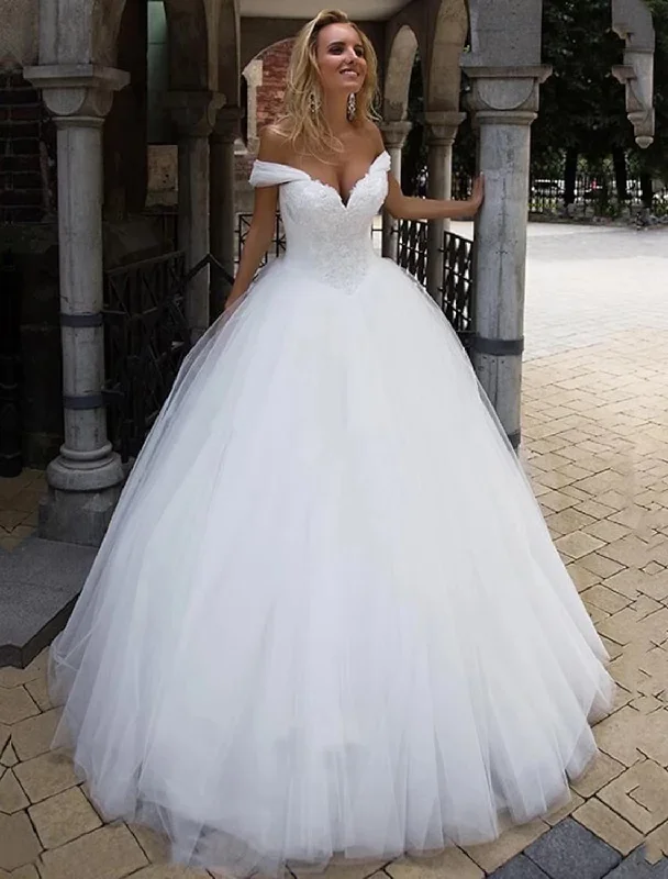 Wedding Dresses Chapel Train Ball Gown Short Sleeve Off Shoulder Tulle With