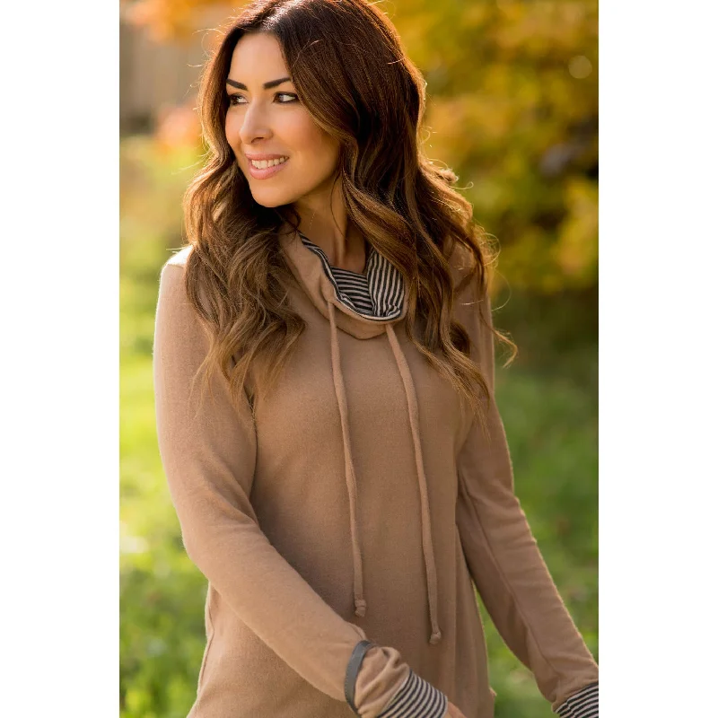 Striped Detailed Accented Cowl Neck Sweatshirt