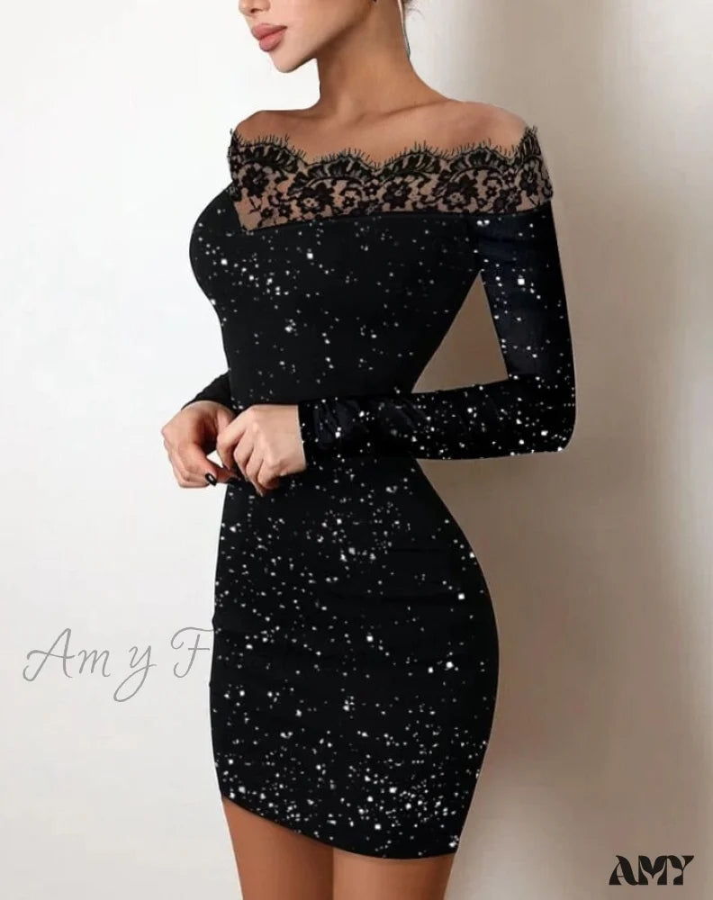 Amy Fashion - Off Shoulder Long Sleeve Contrast Lace Glitter Bodycon Mini Dress