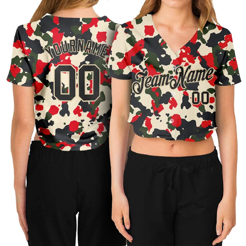 Custom Women's Camo Black-Cream Salute To Service 3D V-Neck Cropped Baseball Jersey