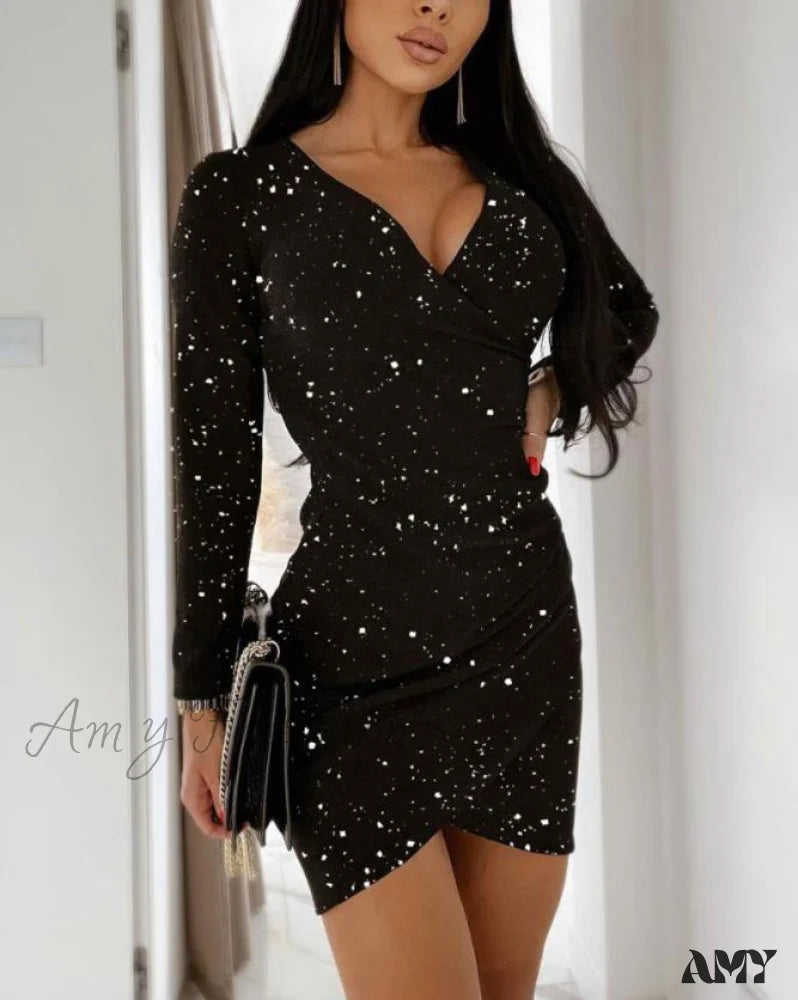 Amy Fashion - Plain V-Neck Glitter Long Sleeve Ruched Bodycon Evening Mini Dress