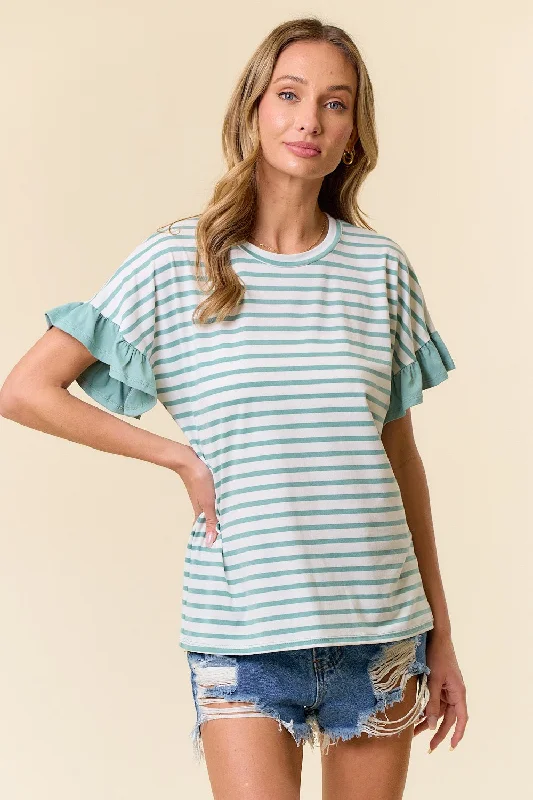 Jade Striped Ruffle Sleeve Top