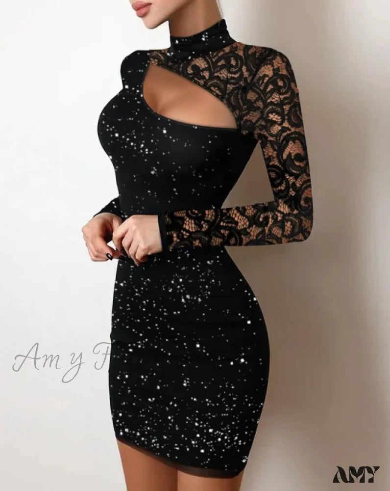 Amy Fashion - Glitter Contrast Lace Cutout Long Sleeve Bodycon Mini Dress