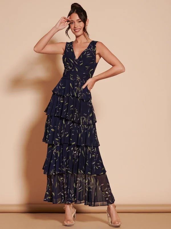 Tiered Hem Mesh Maxi Dress, Navy Multi