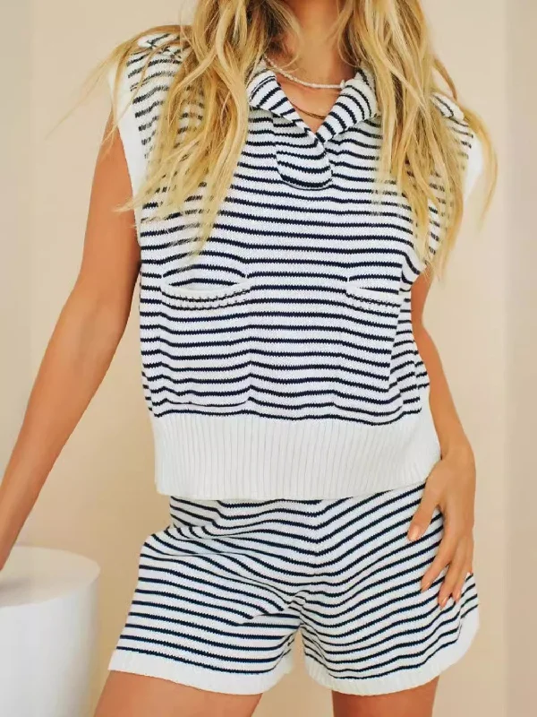 Striped Cap Sleeve Top and Shorts Sweater Set