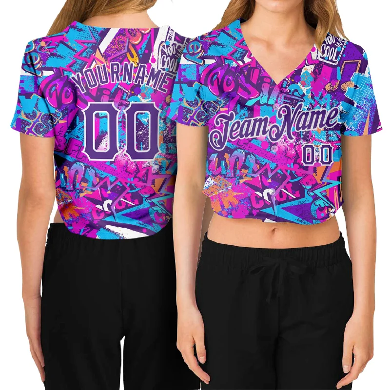 Custom Women's Graffiti Pattern Purple-White Words 3D V-Neck Cropped Baseball Jersey