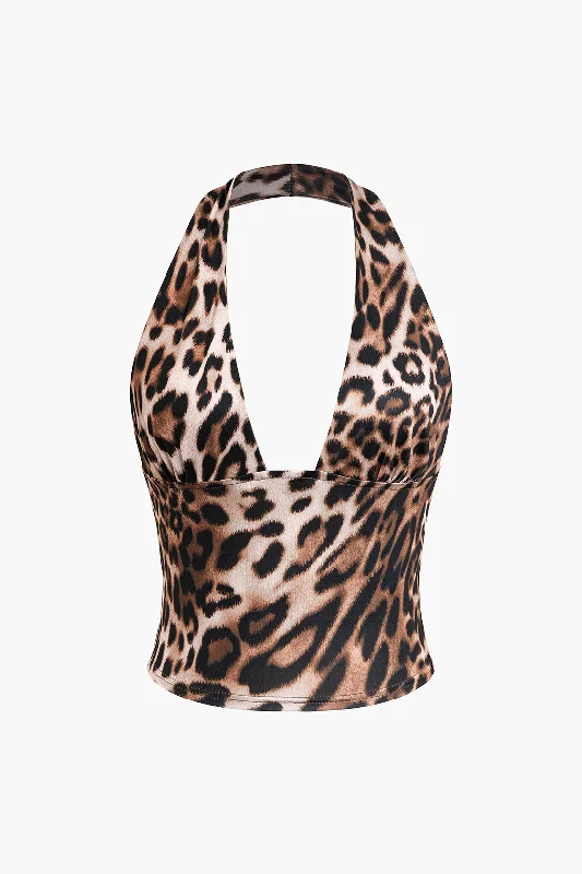 Leopard Print Halter Neck Backless Tank Top