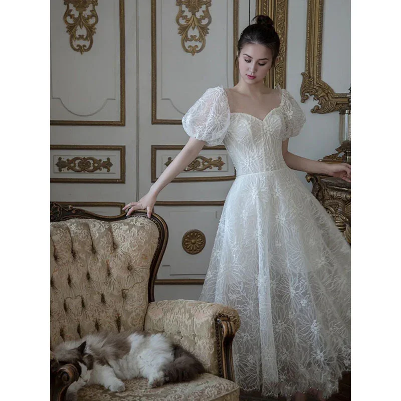 DingJiDress Formal Women's Dresses A Line Tulle Heart-Shaped Collar Short Sleeves Elegant Sweet Wedding Dress