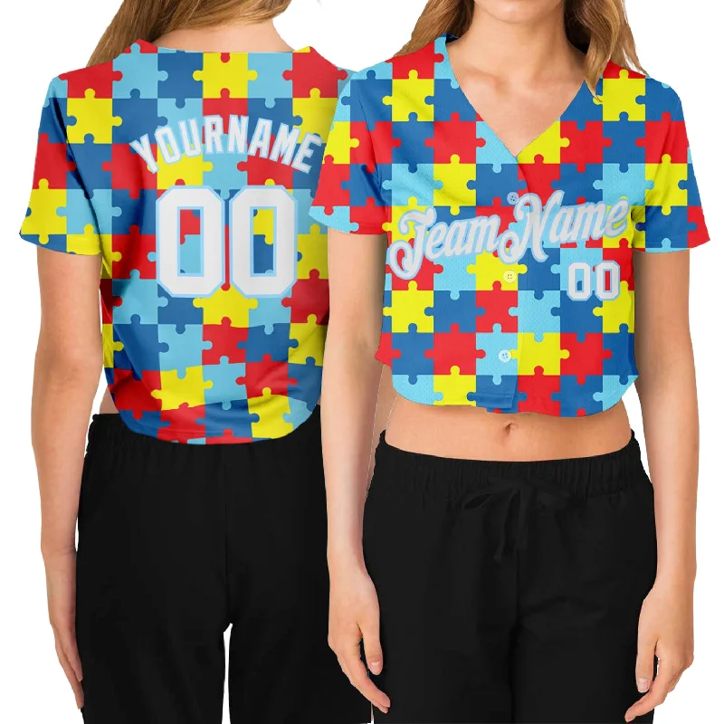 Custom Women's Autism Awareness Puzzle Pieces White-Light Blue 3D V-Neck Cropped Baseball Jersey