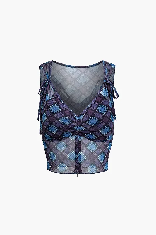 Plaid Print Mesh Tie Front Tank Top