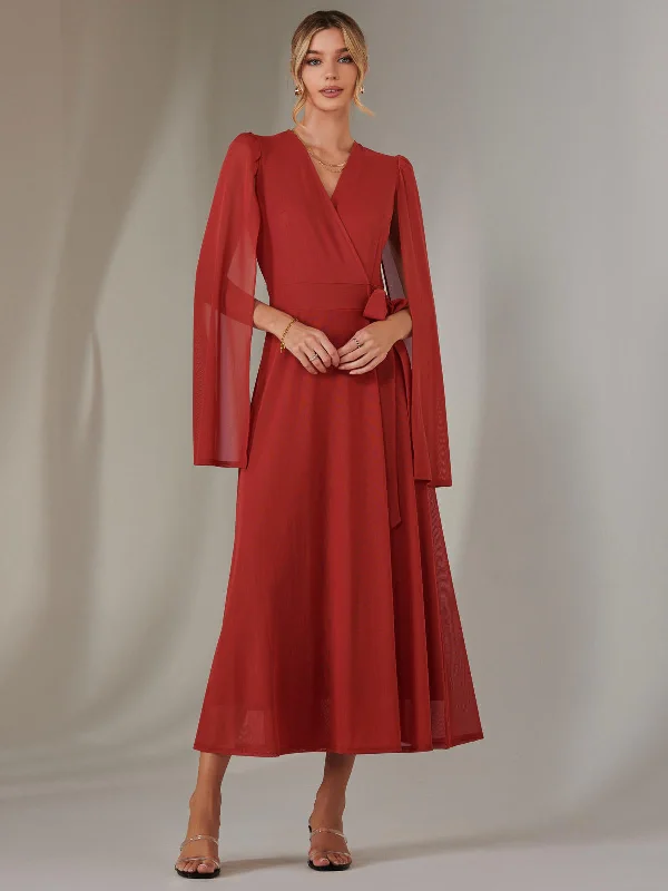 Amira Cape Sleeve Wrapped Maxi Dress, Brick Red