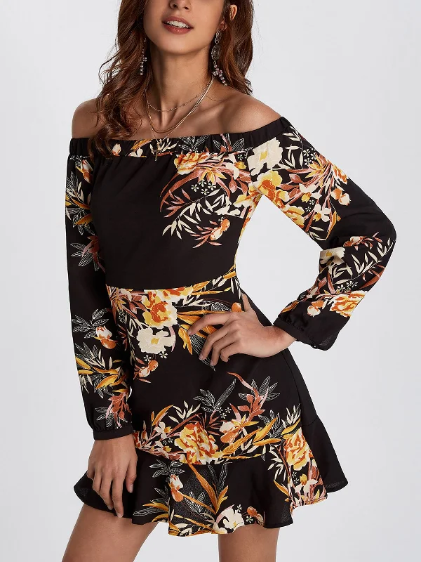 Wholesale Off The Shoulder Long Sleeve Floral Print Flounced Hem Mini Dresses