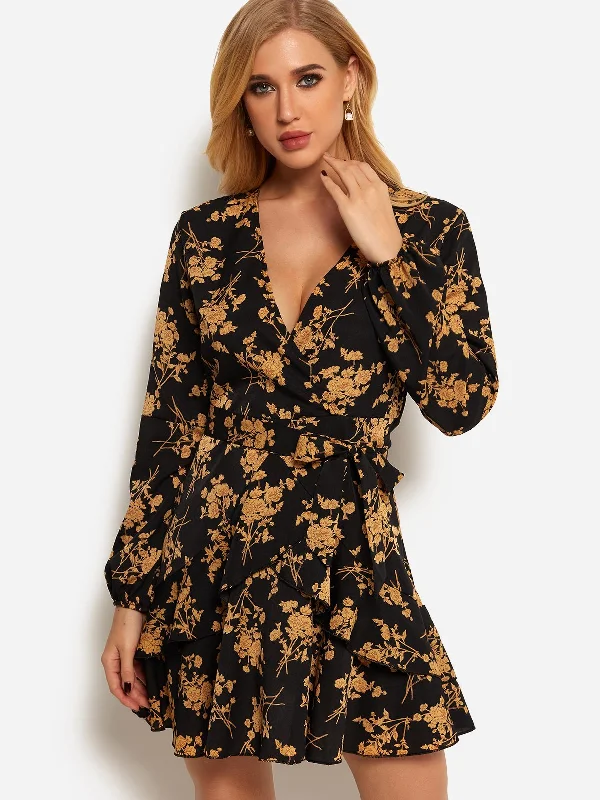 Wholesale V-Neck Long Sleeve Floral Print Self-Tie Mini Dress