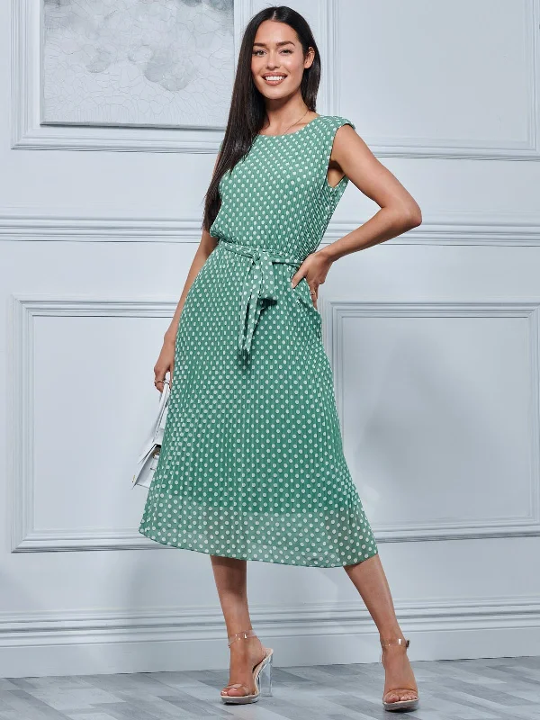 Hayes Pleated Chiffon Midi Dress, Green Polka