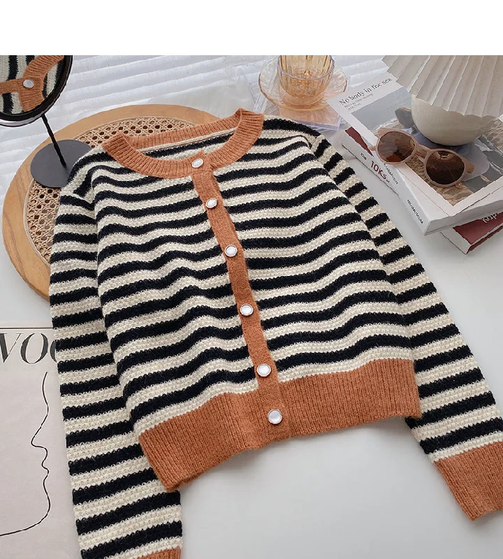 Single breasted crew neck striped sweater coat  5996