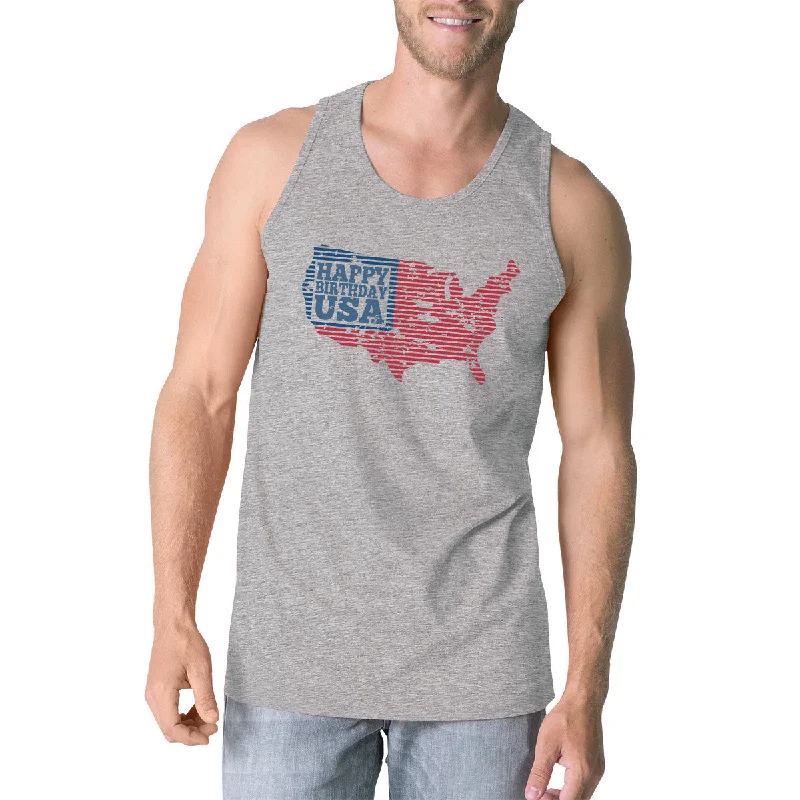 Happy Birthday USA Mens Gray Sleeveless Tshirt Funny 4 Of July Tee