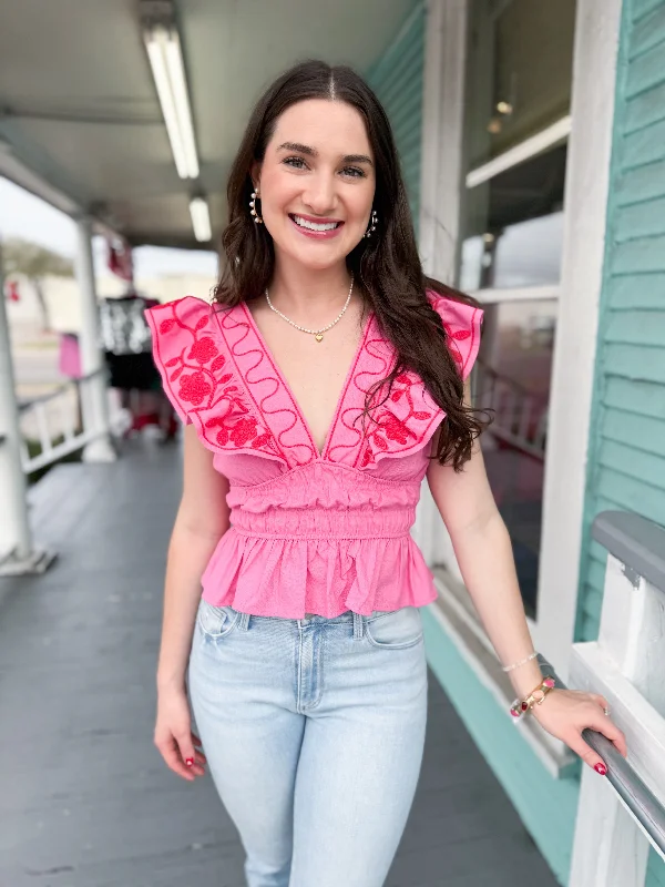 The Azelea Embroidered Ruffle Top-Pink