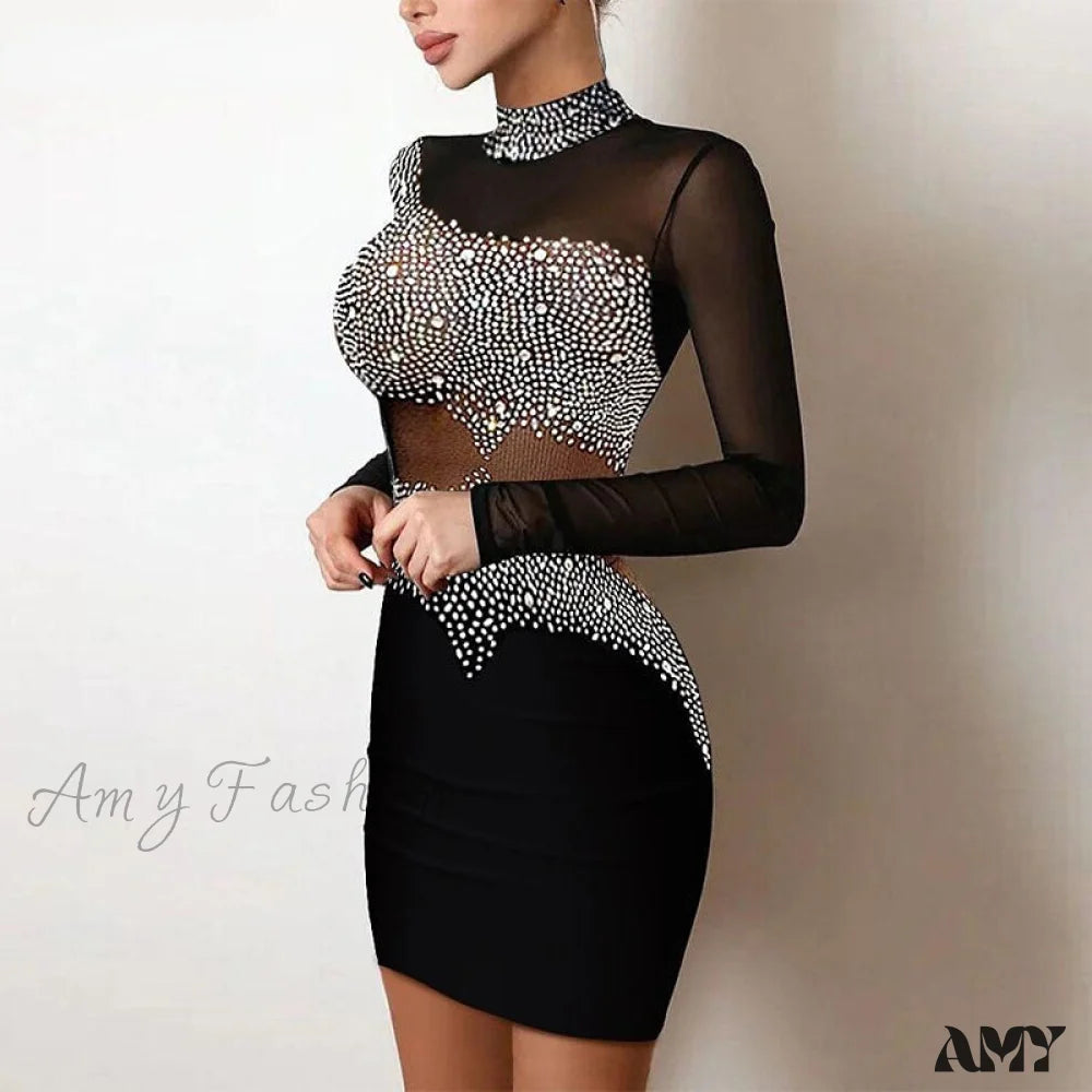 Amy Fashion - Women Elegant Rhinestone Decor Mesh Bodycon Dress