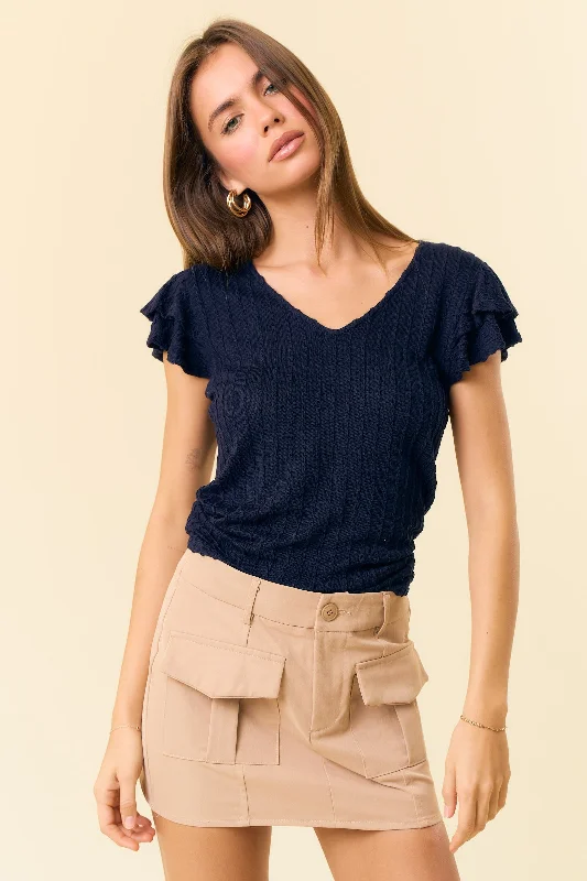 Navy Blue Cable Knit Layered Ruffle Sleeve Top