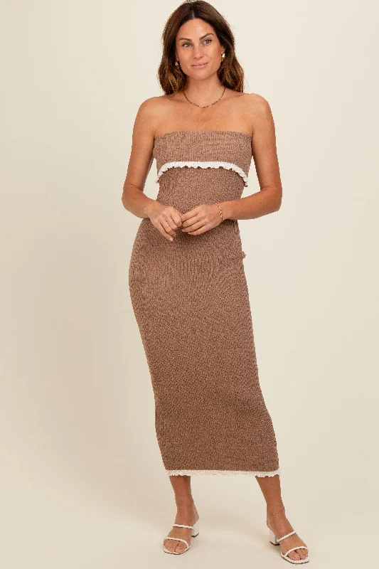 Taupe Contrast Trim Strapless Knit Dress