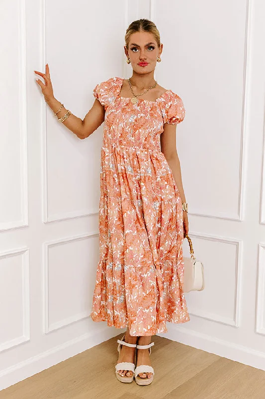 Vineyard Bound Smocked Midi in Orange