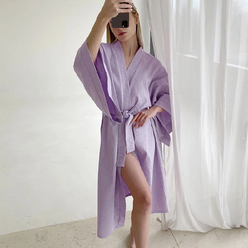 SIXSR 2025 autumn new fashion waffle solid color long-sleeved nightgown hotel bed and breakfast bathrobe  New loungewear