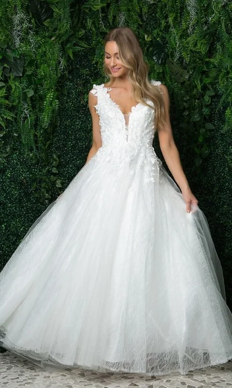 Long White Ball Gown with Floral Appliques