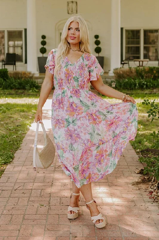 Sunny Sangria Floral Midi Dress in Pink Curves